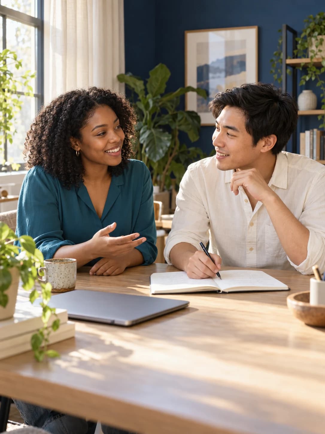 Two people discussing a notebook in a bright studio