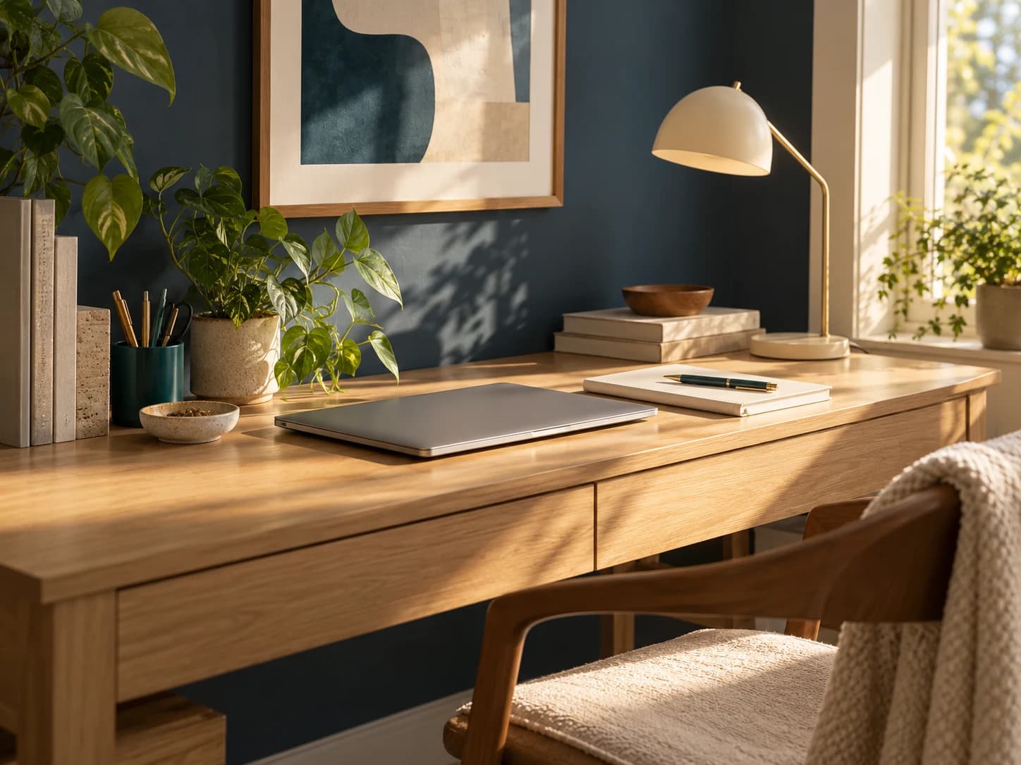 Laptop, notebook and plants in a home workspace