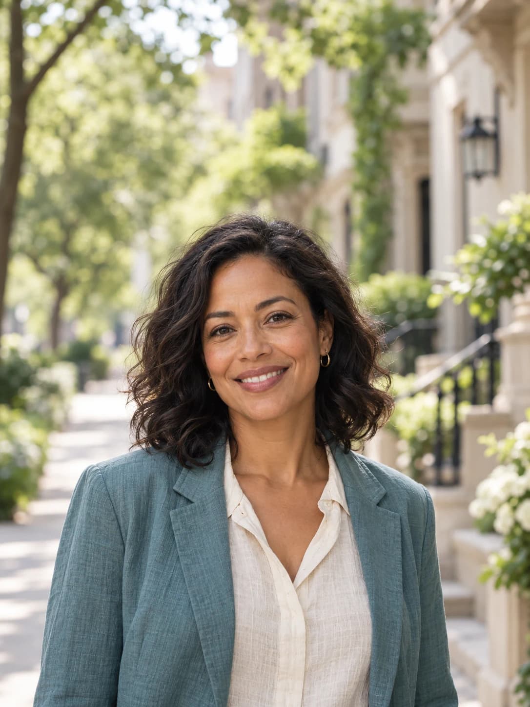 Smiling woman on a tree-lined residential walkway